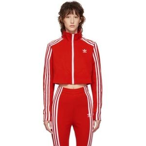 Adidas red tacksuit with signature white stripes cropped jacket and pants! BNWT